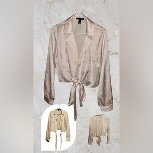 Women's Satin Printed Deep V Neck Tie Knot Front Pleated Long Sleeve Crop Top